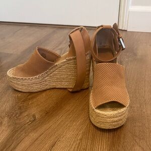 Marc Fisher Tan Perforated Espadrille Wedge Sandals with Ankle Strap